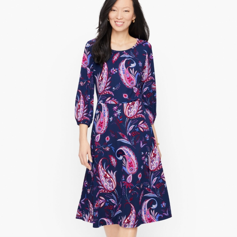 Talbots Dress Knit Jersey Paisley Winding Blue Pink NWT 16P Petite Long Sleeves